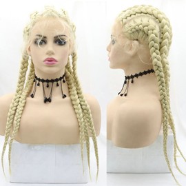 613# Blonde 5 Twisted Synthetic Braided Wig 100% Hand Lace Front Braided Wigs with Baby Hair for Women Heat Resistant Lightweight Synthetic Twisted Braids Wig 26''