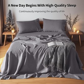 LBR02M 100% Linen Sheet Set King Size, Bed Sheets 4 Piece Sets, Solid Color Natural Flax Bed Sheets Soft Breathable Bedding, 16" Deep Pocket, All Season (King, Dark Grey)