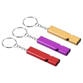 PATIKIL Emergency Survival Whistle, 3 Pack Double Tubes Whistles Super Loud Aluminum Whistles with Lanyard Keychain for Outdoor Camping Hiking, Red, Purple, Golden
