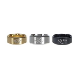 CosplayStudio Naruto Ring Set with Konoha Logo, Stainless Steel, Pack of 3, Gold, Black, Silver, Size: 8, 10, 12, Stainless Steel