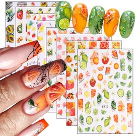 Summer Fruit Nail Art Sticker 3D Self-Adhesive Nail Decals Art Design Holographic Strawberry Watermelon Lemon Nail Art Sticker Decoration for Women Manicure Tip DIY Nails Art Supplies Acrylic Nails
