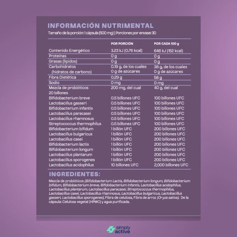 SIMPLY ACTIVE Probioticos 20 Billones CFU Probiticos 14 Cepas -