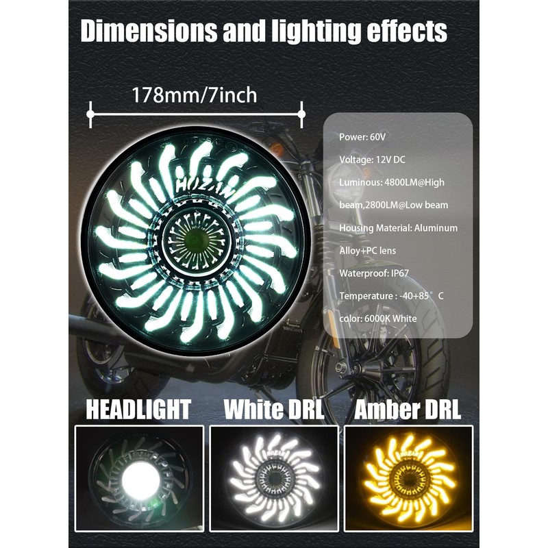 HENGTUAOTO 7" LED Motorcycle Headlight with White/Amber chrysanthemum petal DRL