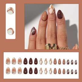 Spring Brown Press on Nails Short Almond - YIHONGYAN Fake Nails Press ons Nail Tips Acrylic Nail Art Kit Girls Nail Kit Women Glue on Nails Full Cover Light Brown Color False Nails 30Pcs/Set