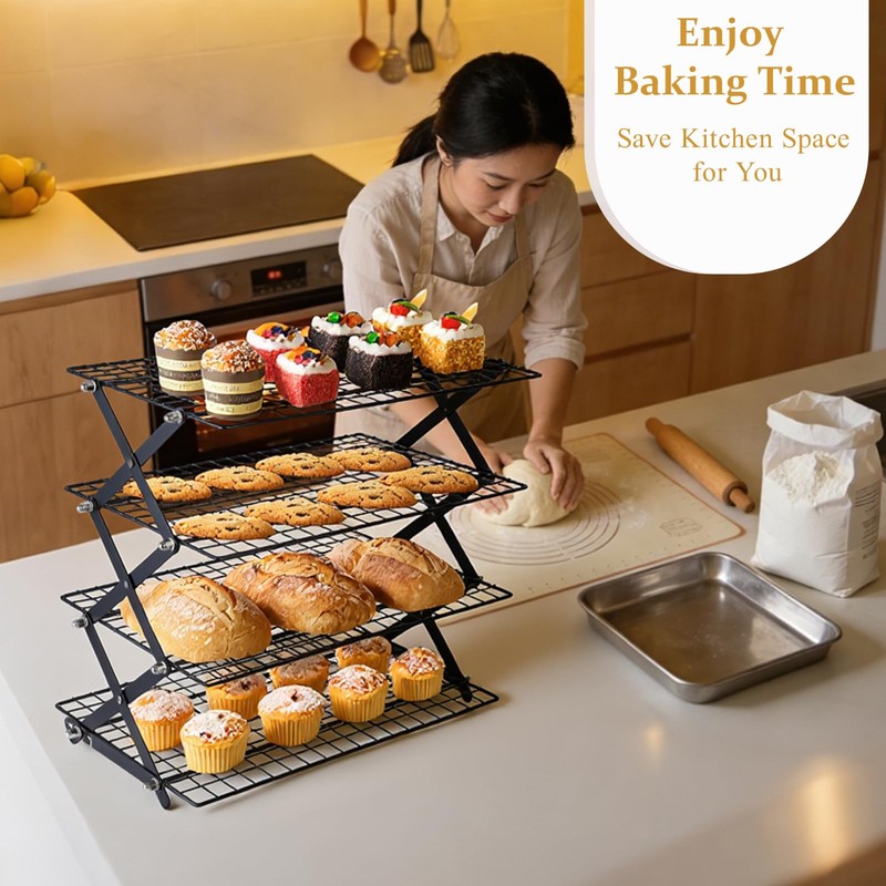 4 Tier Collapsible Cooling Rack, Adjustable Stackable Stainless Steel Baking