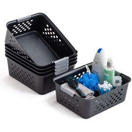 IRIS USA Plastic Storage Basket, 6-Pack, Medium, Shelf Basket Organizer for Pantries, Kitchens, Cabinets, Bedrooms, and Bathrooms, Black