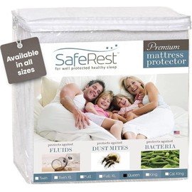SafeRest Waterproof Queen Size Mattress Protector - Fitted with Stretchable Pockets - Machine Washable Cotton Blend Mattress Cover for Bed