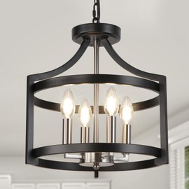 LynPon Black and Brushed Nickel Chandelier 4 Lights, Modern Farmhouse Convertible Semi Flush Mount Ceiling Light, Rustic Round Cage Chandeliers for Kitchen Dining Room Foyer Entryway