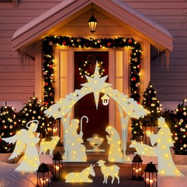Soaoo Outdoor White Nativity Scene with 2 String Lights Silhouette Yard Sign Display Water Resistant PVC Large Holy Family Yard Nativity Scene Christmas Decor for Xmas Front Lawn