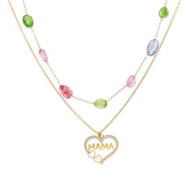 Frigotine 2PCS MAMA Necklace Set for Women, Dainty Layered Gold Love Heart Pendant Colorful Bead Birthstone Chain Mom Mother's Day Fashion Jewelry Gift
