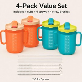 4 Pack Adult Sippy Cup with Handles and Straw Lid, Set with 4 Straw Brush, 300ml Large Capacity Spill Proof Cup for Elderly, Patients, Disabled, Pregnant - Microwave and Dishwasher safe