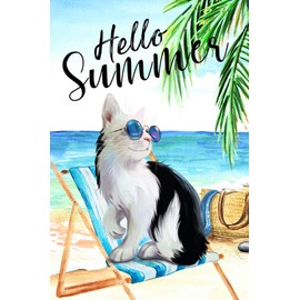 Texupday Hello Summer Sunglasses Cat Kitty on the Beach Chair House Flag Outdoor Yard Flag 28" x 40"