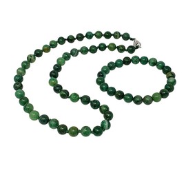 TreasureBay Womens Handmade Beaded Gemstone Necklace Bracelet Set - 8mm Natural Green African Jade Gemstone Necklace Jewellery Set For Women