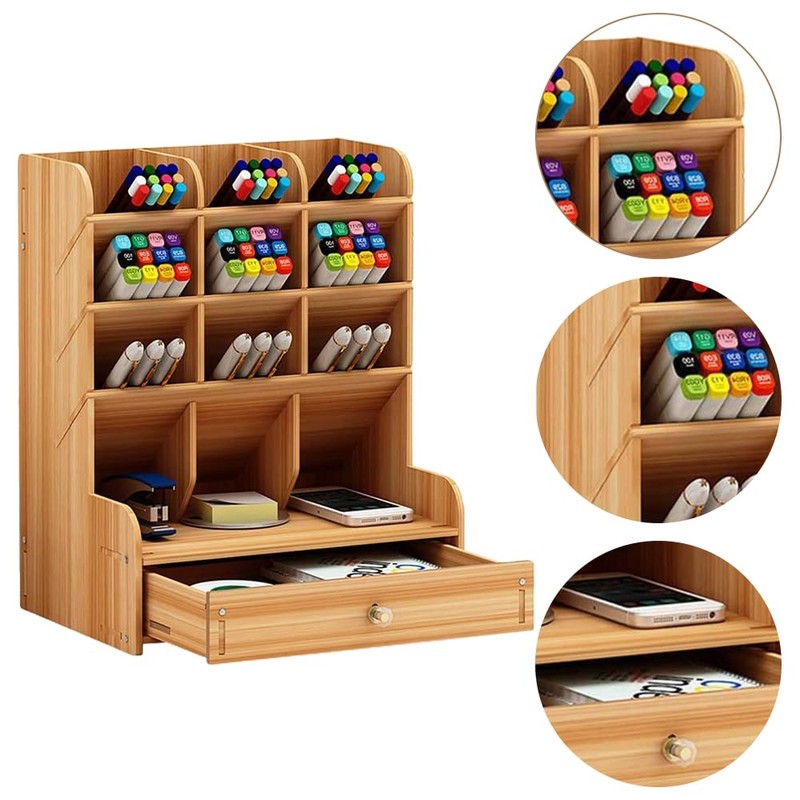 Wooden Desk Organizer with Drawers, Multi-Functional DIY Pen Holder Box,