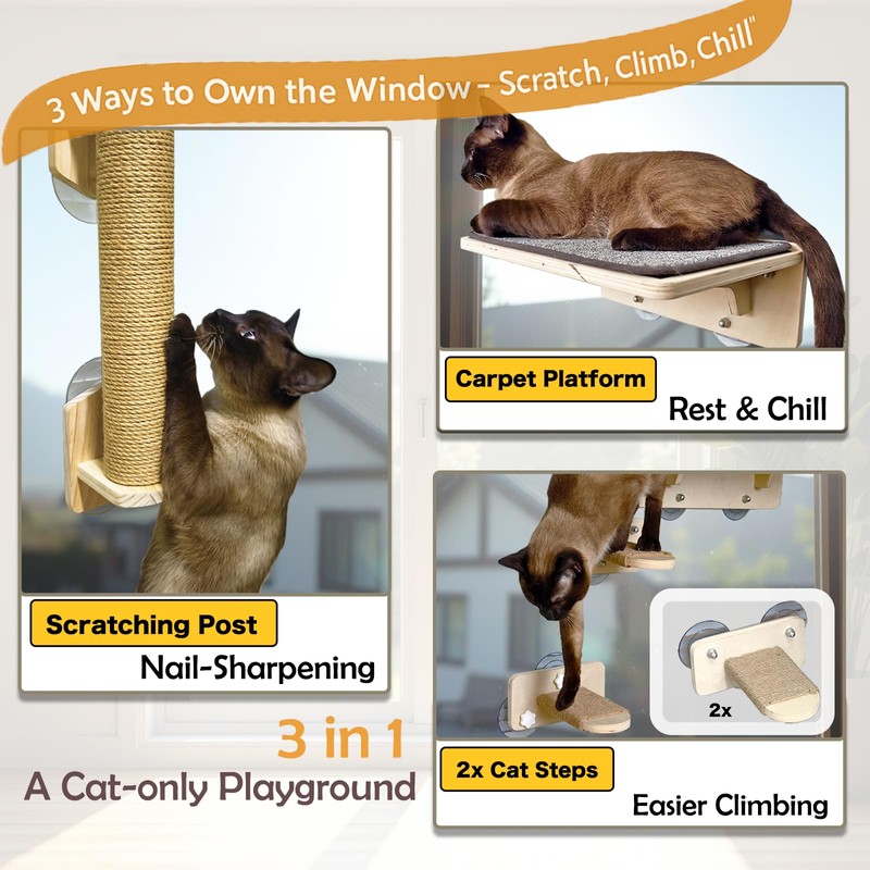 Cat Window Perch Set, 3-in-1 Set wtih Carpet Bed &