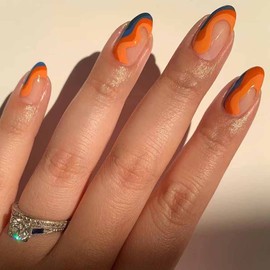 RikView Almond Press on Nails Medium Fake Nails Orange & Blue Stick on Nails with Swirls Design