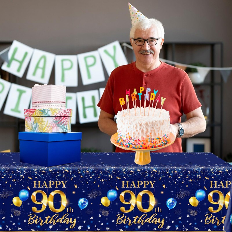 GREHUMOR 90th Birthday Decorations Men-3pcs Navy Blue Birthday Table Covers