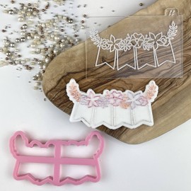 LissieLou Floral Bunting Cookie Cutter and Embosser Wedding Icing Stamp Fondant Embosser - Light Pink/Clear