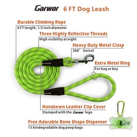 Garwor 6 FT Heavy Duty Rope Dog Leash with Strong Stitches Genuine Leather Tailored Connection, Reflective Dog Leash with Sturdy Metal Clasp for Medium Large Dogs(Neon Green)