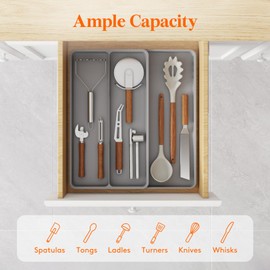 Lifewit Lifewit Utensil Drawer Organizer, Expandable Cooking Silverware Tray for Kitchen Drawer, Adjustable Cutlery Flatware Holder, Plastic Spatula Tools and Gadgets Storage Divider, 3 Compartments, Gray
