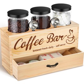 Skybooly 3 Pcs Coffee Canister Set with Shelf and Spoon Plastic Coffee Bean Storage Container with Lids Coffee Storage Box with Drawer Food Storage Jars for Coffee Bar Kitchen (Wood Color)