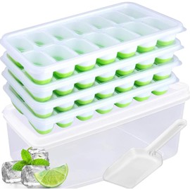 4 Bandejas De Silicona Para Cubitos De Hielo,De 4x14 Cubitos Cuadrados,Con Tapas Y Cajas De Almacenamiento,Apilables Y Reutilizables. (Verde-01, 22 x 9 x 2.55 cm)