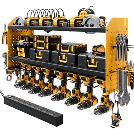 WIWIDRM Power Tool Organizer Wall Mount with Charging Station, Large 8 Drill Holder Heavy Duty Metal Tool Holder & Storage Rack for Garage Organization， 8 Outlet Power Strip Tool Shelf，Yellow
