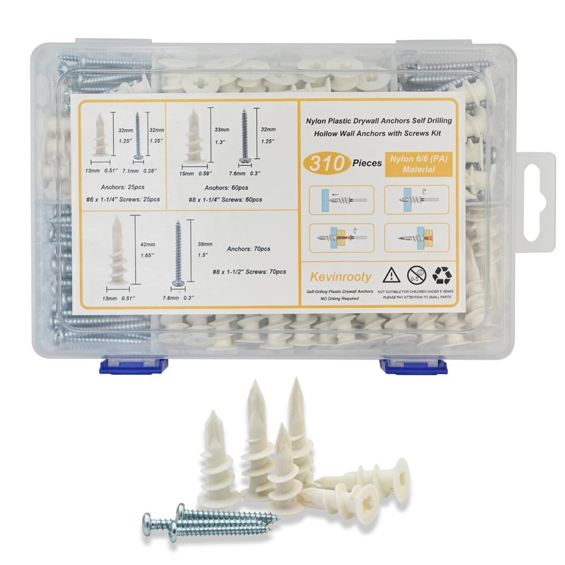 Kevinrooty 3 Sizes Self Drilling Drywall Anchors, 310PCS Nylon Plastic