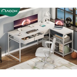 AODK 53 Inch L Shaped Computer Desk with Drawers, Corner Desk with Power Outlets & Reversible Storage Shelves, Movable CPU Stand for Home Office Gaming, White