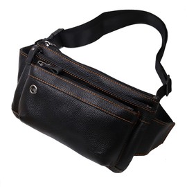 Vidlea Triple Pocket fanny pack Genuine Leather waist bag slim sling bag Hip Purse Adjustable Belt strap Casual Pouch Outdoor Day bag (Hole Black)