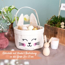 Papierdrachen Easter Nest with Rabbit Ears and Handle, Canvas with Pink Rabbit Print, Easter Bag, Easter Decoration