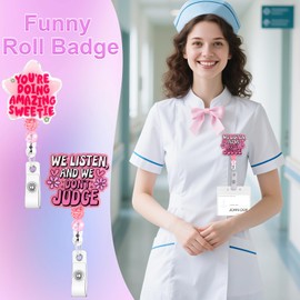 2 carretes divertidos para insignias de enfermera, bonito soporte retráctil, clip de cocodrilo con purpurina RN, insignias rosas para ERLPN, CNA, enfermera, médico, enfermera, estudiante, profesor