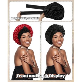 WABUYAO Satin Silk for Sleeping Silk Sleep Cap Double Layer Hair with Elastic Tie Band for Curly Hair Night Cap(Black+red)