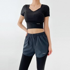 Sports Tension Crop Short Sleeve Air Stretch Two-in-One Leggings Set (DBC1903-1907W) Top (Black) XL / Bottom (Gray) S 3ea