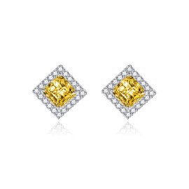 Shuxin Sterling Silver Stud Earrings for Women, Silver Square Cubic Zirconia Stud Earrings, Big Yellow Faux Crystal Diamond Gemstone Studs Earrings, Bridal Earrings for Brides Bridesmaids Wedding