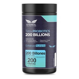 Tetra Probiotics 200 Billion – 200 Cápsulas | Con Prebióticos, Enzimas Digestivas y Magnesio | Eternal Nutrition
