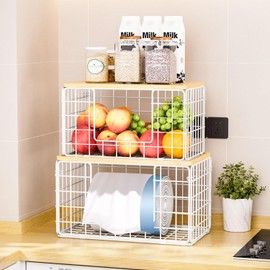 Neatevday 2 Pack Large Trash Bag Dispenser Stackable Storage with Bamboo Top, Garbage Bag Holder Under Sink, Kitchen Laundry Pantry Organizers Basket for Fruits,Vegetable, White