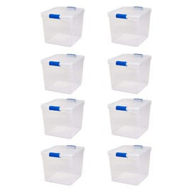 HOMZ 8 Pack Clear Plastic Storage Organizing Bins with Lids, 31 Quart, Blue Latch
