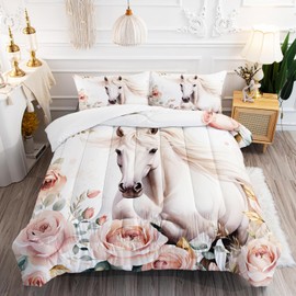 AILONEN Girls Horse Comforter Set, Queen Size, Pink Flower Horse Bedding Set, 3-Piece Bed in a Bag, Wild Animal Themed Quilt & 2 Pillowcases
