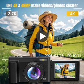 4K Digital Camera for Photography, UHD Autofocus 48MP 180° Flip Screen 16X Zoom Compact Point Shoot Vlogging Camera for YouTube with 2 Batteries, 32GB Card (Black)