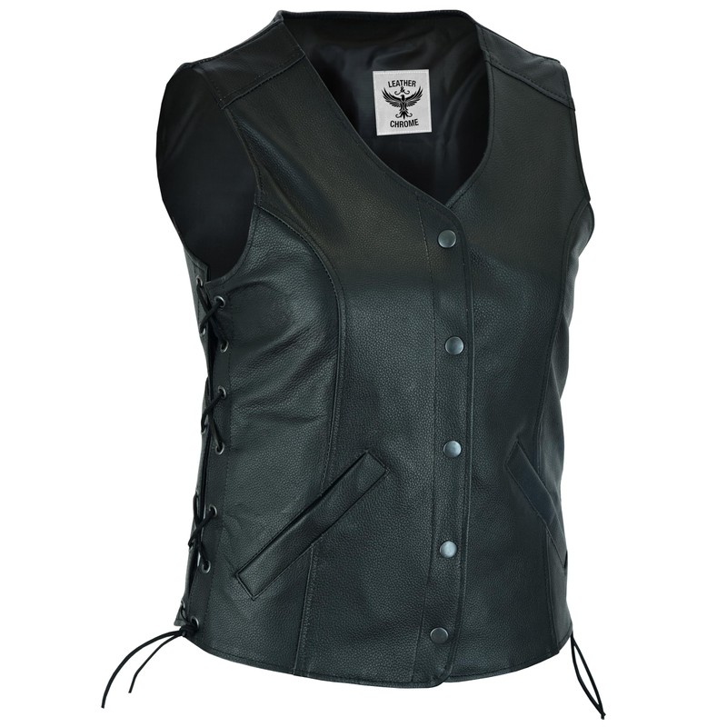 Women's Motorcycle Leather Vest With Longer Cut and Dual Gun