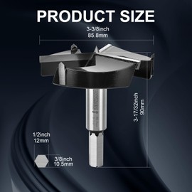 Mollom (85.8mm|3-3/8") Triple Flute Forstner Drill Bit for Woodworking with 3-Cutter YG8 Carbide Tipped of 2.0mm,Hinge Cutter Tool Kits for Hard Soft Wood, Plastic, Plywood