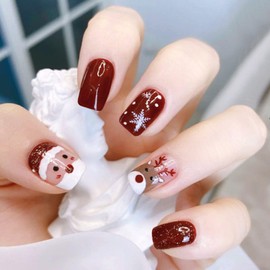Christmas Press on Nails Short Square Winter Fake Nails Wine Red Full Cover Snow Santa Claus False Nails with Elk Designs Glossy Glue on Nails Cute Acrylic Manicure Artificial Nails for Women Girls
