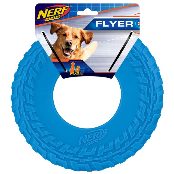 Nerf Dog Rubber Tire Flyer Dog Toy, Frisbee, Lightweight, Durable, Floats in Water, Great for Beach and Pool, 10 Inch Diameter, For Medium/Large Breeds, Single Unit, Blue