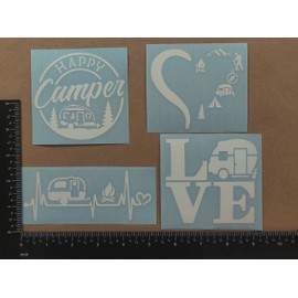 Camping Decal 4 Pack: Happy Camper, Camping Heartbeat, Heart Camping, Love Camper (White, Small ~3.5")