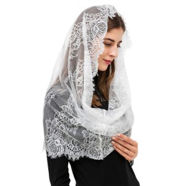 PAMOR Spanish Style Lace Traditional Vintage Inspired Infinity Shape Mantilla Veil Latin Mass Head Covering (White)