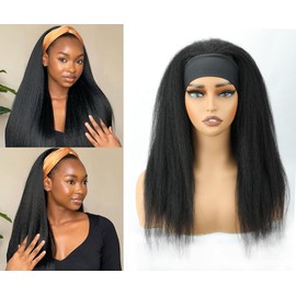 CYIKLI Kinky Straight Headband Wig 24 Inch Human Hair Headband Wigs for Black Women Glueless Yaki Straight Human Hair Headband Wigs Natural Black color