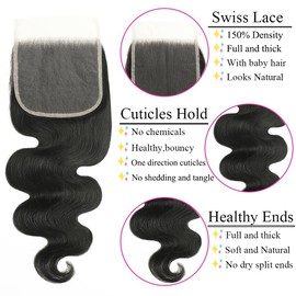 Closure Human Hair 5 x 5 Lace Closure Real Hair Lace Closure Natural Black Lisse Femme Swiss Lace Free Part With Natural Hairline Baby Hair 130% Density 20 Inches