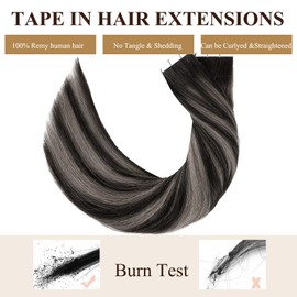 Loxxy Invisible Tape in Hair Extensions Human Hair Remy Ombre Natural Black to Silver Grey Mixed Black Balayage Tape in Extensions Human Hair Thick End Straight 50G 20Pcs 14Inch R1B/Silver/1B