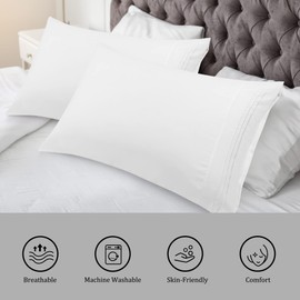 PiccoCasa White Pillow Cases Standard Size Set of 2 Soft Breathable Pillow Covers with Embroidery, Brushed Microfiber Pillowcases with Zipper Closure